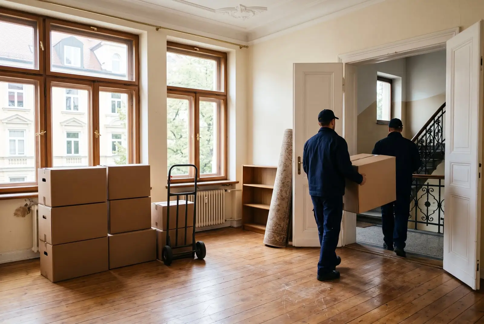 Umzugskartons und Möbel in einer hellen Altbauwohnung am Umzugstag (Symbolbild)
