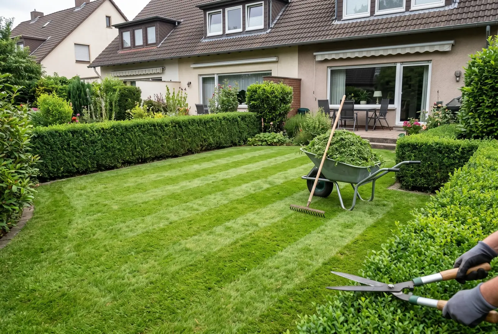 Frisch gemähter Rasen und geschnittene Hecke mit Schubkarre voller Grünschnitt (Symbolbild)