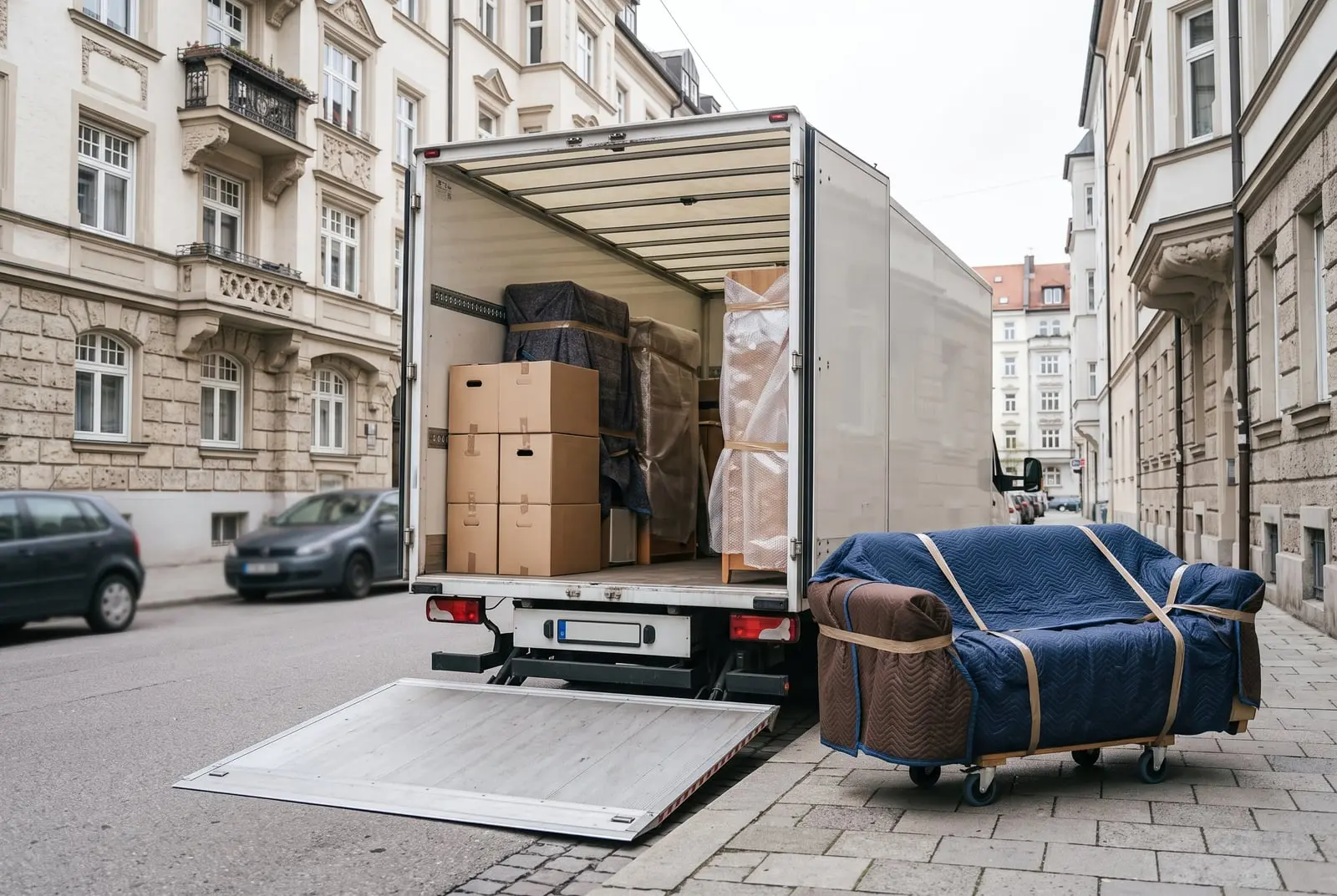 Offener Umzugswagen mit verpackten Möbeln vor einem Wohnhaus (Symbolbild)