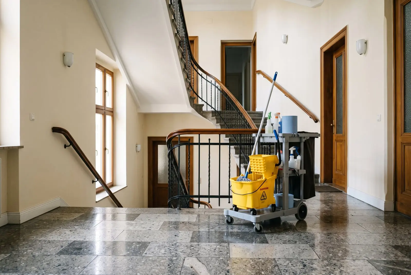 Frisch gereinigtes Treppenhaus mit Reinigungswagen (Symbolbild)