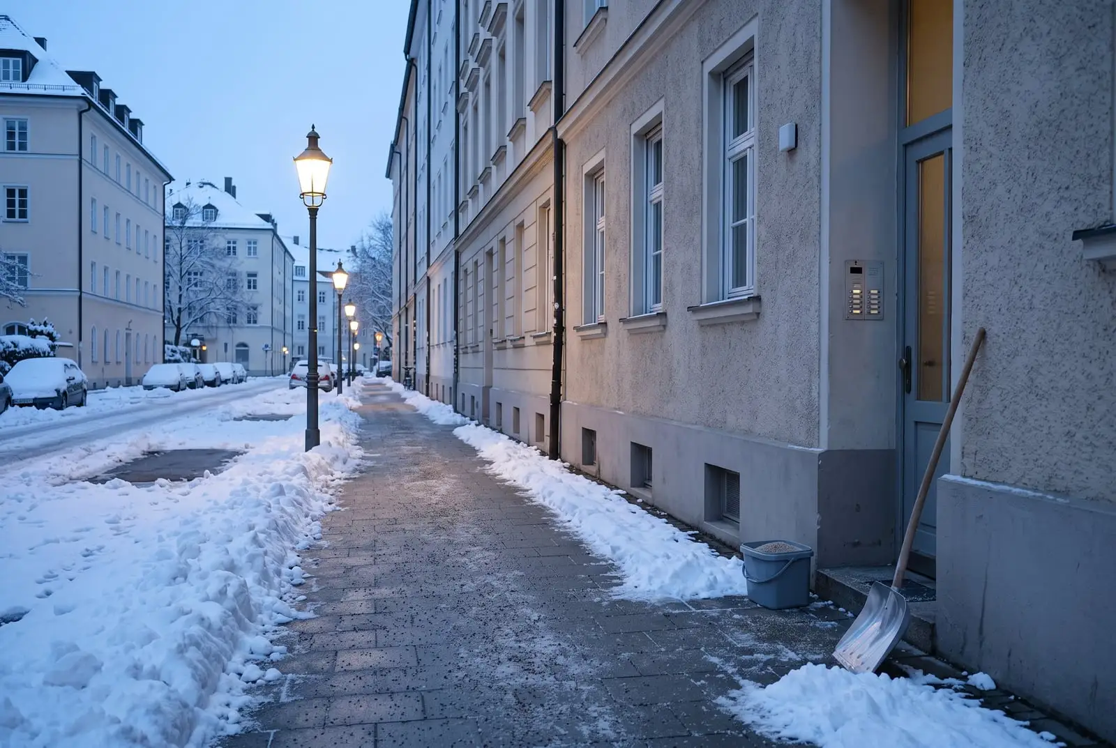 Geräumter und gestreuter Gehweg vor einem Wohnhaus am frühen Morgen (Symbolbild)