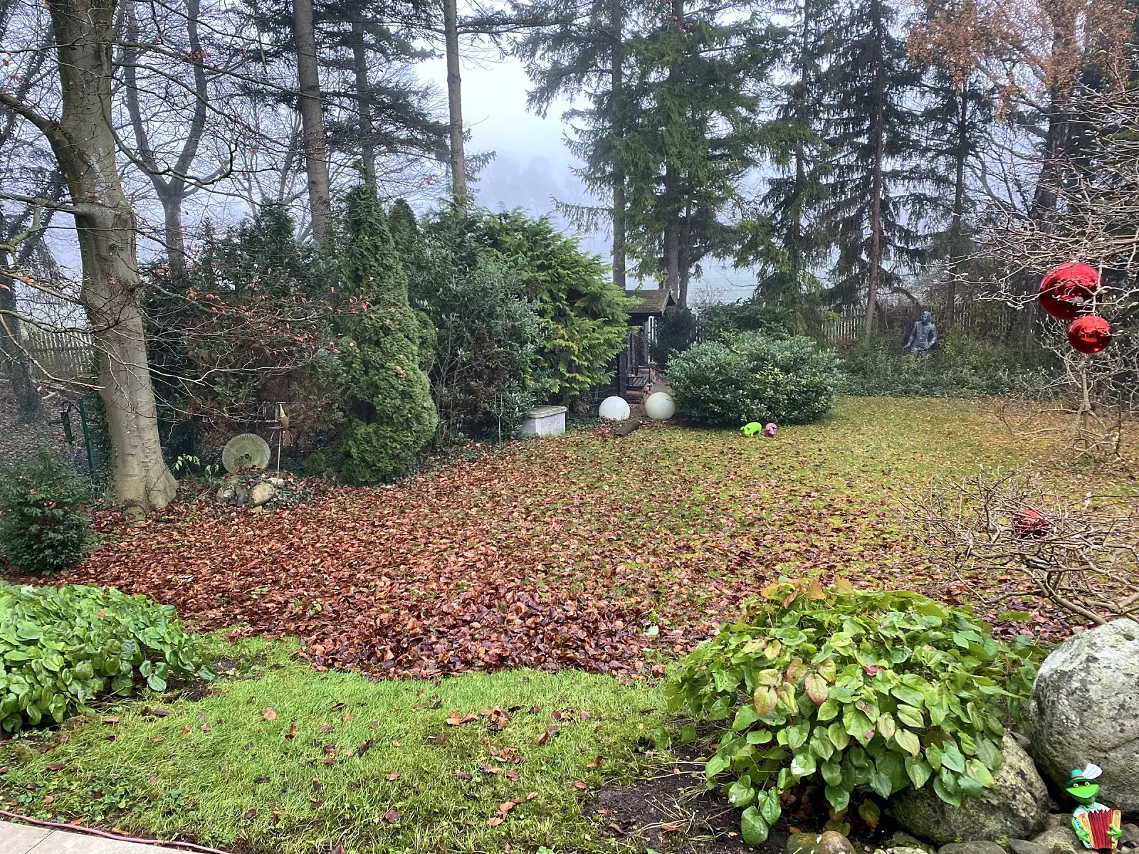 Garten mit Laub auf dem Rasen
