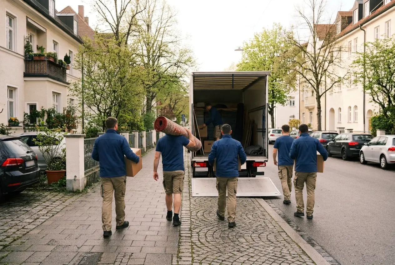 Umzugsteam trägt Kartons und einen Teppich zum Umzugswagen (Symbolbild)